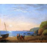 WILLIAM COLLINS R.A (1788-1847) OIL PAINTING ON BOARD A beach scene at sunrise with a group of