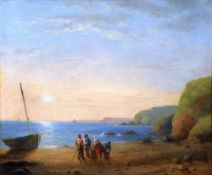 WILLIAM COLLINS R.A (1788-1847) OIL PAINTING ON BOARD A beach scene at sunrise with a group of