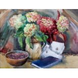 MARJORIE JAQUES WATERCOLOUR DRAWING 'Still life with Hydrangea' Signed 11" x 14 1/2" (28 x 37cm)