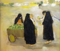 UNATTRIBUTED OIL PAINTING ON BOARD Arab woman at a Market stall 11" x 13" (27.8cm x 33cm)