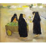 UNATTRIBUTED OIL PAINTING ON BOARD Arab woman at a Market stall 11" x 13" (27.8cm x 33cm)