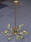 AN ART DECO GILT BRASS FIVE LIGHT ELECTROLIER, with ten curved branches, decorated with green