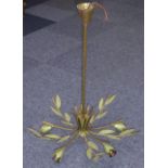 AN ART DECO GILT BRASS FIVE LIGHT ELECTROLIER, with ten curved branches, decorated with green