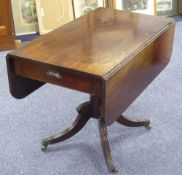 A LATE GEORGIAN MAHOGANY PEMBROKE TABLE, THE FALL LEAVES WITH ROUNDED CORNERS, having frieze