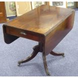 A LATE GEORGIAN MAHOGANY PEMBROKE TABLE, THE FALL LEAVES WITH ROUNDED CORNERS, having frieze