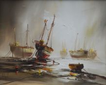 JOHN BAMPFIELD (MODERN) Oil painting on canvas Sailing boats at anchor, signed 24" x 30" (61 cm x 76