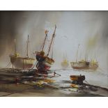 JOHN BAMPFIELD (MODERN) Oil painting on canvas Sailing boats at anchor, signed 24" x 30" (61 cm x 76