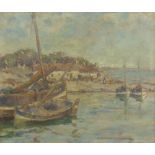 GERTRUDE M. COVENTRY (1886-1964) OIL PAINTING ON CANVAS BOARD Harbour scene with moored sailing