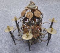 A JACOBEAN STYLE BRASS THREE LIGHT ELECTROLIER AND TWO OTHERS VARIOUS (3)