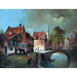 HANS VELDT (MODERN) OIL PAINTING ON CANVAS-BOARD A pastiche Dutch townscape, signed lower left 13