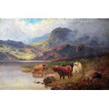 ATTRIBUTED ROBERT WATSON (1865-1916) OIL PAINTING ON CANVAS Long horn cattle at water in a misty