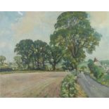 A.P. TOMPKIN (Twentieth Century) OIL ON BOARD Rural landscape with cars and cyclist Signed 24" x 30"