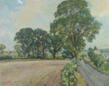 A.P. TOMPKIN (Twentieth Century) OIL ON BOARD Rural landscape with cars and cyclist Signed 24" x 30"