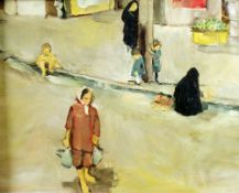 UNATTRIBUTED OIL PAINTING ON CANVAS LAID DOWN Woman carrying shopping down a street 15" x 18" (38.
