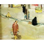 UNATTRIBUTED OIL PAINTING ON CANVAS LAID DOWN Woman carrying shopping down a street 15" x 18" (38.