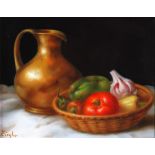 ZIEGLAR (Modern) PAIR OF OIL PAINTINGS Still life studies: ewer and basket of fruit on marble