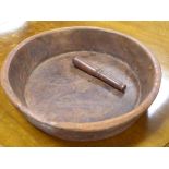 LARGE OLD RUSTIC HAND HOLLOWED WOODEN BOWL, with sloping straight sides, 17" diameter, 3 3/4" high