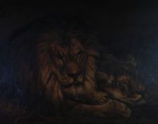 UNATTRIBUTED (19th CENTURY) OIL PAINTING ON CANVAS Lion and lioness at rest 24" x 36" (61 x 91.