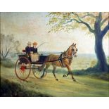 ATTRIBUTED TO G. WRIGHT OIL PAINTING ON BOARD Man & woman riding in a two wheeled carriage drawn