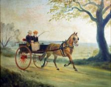 ATTRIBUTED TO G. WRIGHT OIL PAINTING ON BOARD Man & woman riding in a two wheeled carriage drawn