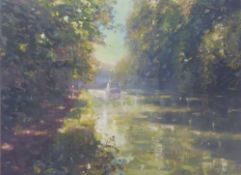 STEPHEN BEWSHER (b.1964) OIL PAINTING Tranquil canal scene with narrow boat and figures 'Spring