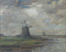 KERSHAW SCHOFIELD (1872-1941) OIL PAINTING ON CANVAS Windmills in a river landscape Signed 15 1/4" x