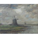 KERSHAW SCHOFIELD (1872-1941) OIL PAINTING ON CANVAS Windmills in a river landscape Signed 15 1/4" x