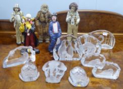 NINE PIECES OF MODERN SIGNED SWEDISH GLASS, also five modern studio pottery model clown figures