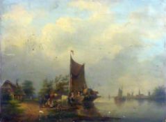 GERARDUS HENDRIKS (Dutch. 1804-1859) OIL PAINTING ON PANEL A River landscape with a laden ferry