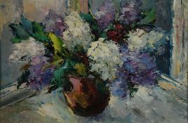 VALTER BERZINS (1925 - 2009) TWO OIL PAINTINGS ON BOARD Still life study - flowers in a vase 11 1/2"