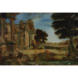 UNATTRIBUTED PRIMITIVE SCHOOL Oil Painting on canvas Landscape with Roman Ruins 16" x 24" (40cm x