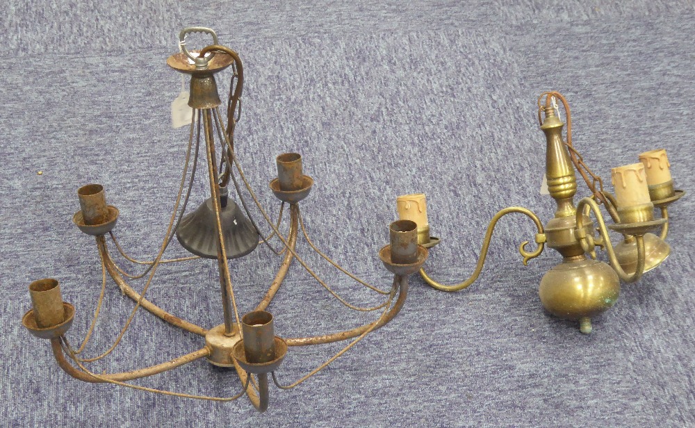 A JACOBEAN STYLE BRASS THREE LIGHT ELECTROLIER AND TWO OTHERS VARIOUS (3) - Image 2 of 2