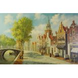 PELGERT (?) (Modern) OIL PAINTING ON CANVAS Dutch street scene with canal and figures Signed 24" x