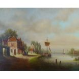 MODERN CONTINENTAL PASTICHE OIL PAINTING ON CANVAS Dutch riverside landscape 24" x 30" (61cm x 76cm)