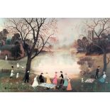 HELEN LAYFIELD BRADLEY (1900-1979) ARTIST SIGNED COLOUR PRINT 'Picnic', park scene with figures