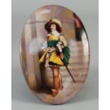 AN OVAL ENAMEL ON CERAMIC PLAQUE OF A CAVALIER, signed F. Micklewright, 6 1/4" (16cm) high