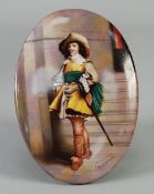 AN OVAL ENAMEL ON CERAMIC PLAQUE OF A CAVALIER, signed F. Micklewright, 6 1/4" (16cm) high