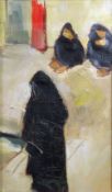 UNATTRIBUTED OIL PAINTING ON BOARD Street scene with three Arab women 13" x 7 1/2" (33cm x 19cm)