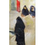 UNATTRIBUTED OIL PAINTING ON BOARD Street scene with three Arab women 13" x 7 1/2" (33cm x 19cm)