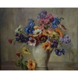 FREDA MARSON (1895-1949) OIL PAINTING ON CANVAS LAID DOWN Still life 'Mixed Flowers' Signed, further