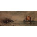 THOMAS BUSH HARDY (1842-1897) WATERCOLOUR DRAWING Harbour scene with figures and boars Signed and