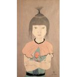 TSUGUHARU FOUJITA (1886-1968) WOODBLOCK COLOUR PRINT Little girl with ragdoll 15 1/2 x 8 3/4" (39.