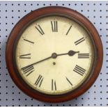 NINETEENTH CENTURY MAHOGANY WALL CLOCK, the 11 1/2" enamelled Roman dial powered by a single fusee