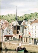 PETER SUNDERLAND (modern) WATERCOLOUR DRAWING 'Honfleur, Normandy', harbour scene Signed and