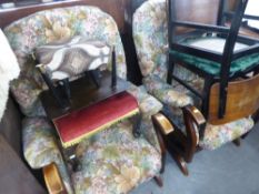 PAIR OF ROCKING FIRESIDE ARMCHAIRS, IN FLORAL FABRIC