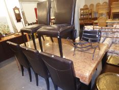 A MODERN COMPOSITION MARBLE TOP DINING TABLE AND 8 HIGH BACK LEATHER CHAIRS