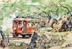 JERRY SKELLY (modern) PEN & BLACK INK AND WATERCOLOUR DRAWING Stiler railway locomotive on a rural