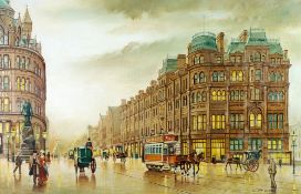 STEVEN SCHOLES OIL PAINTING 'Deansgate', Manchester, with horsedrawn tram and cabs Signed 19 1/2"