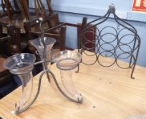 MODERN WROUGHT IRON AND GLASS EPERGNE AND A WROUGHT IRON SIX BOTTLE WINE STAND (2)