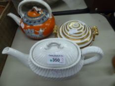 VICTORIAN PORCELAIN ETRUSCAN STYLE GLOBULAR TEAPOT, PAINTED WITH CHARIOTS ON A ORANGE GROUND, HAVING